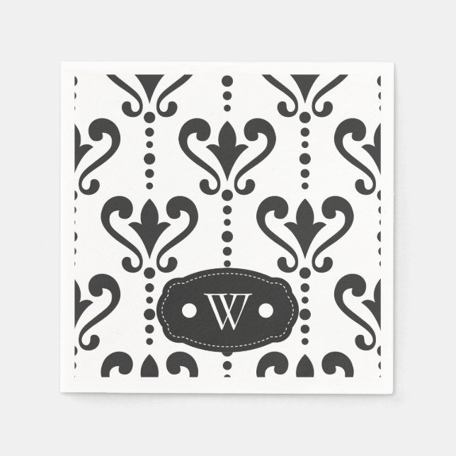 Elegant Black and White Damask Monogram Napkins (Front)