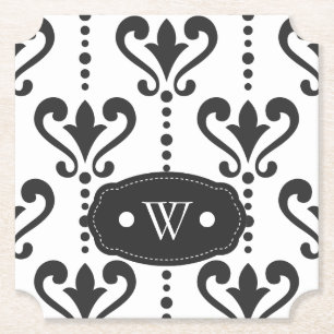 Elegant Black and White Damask Monogram Paper Coaster