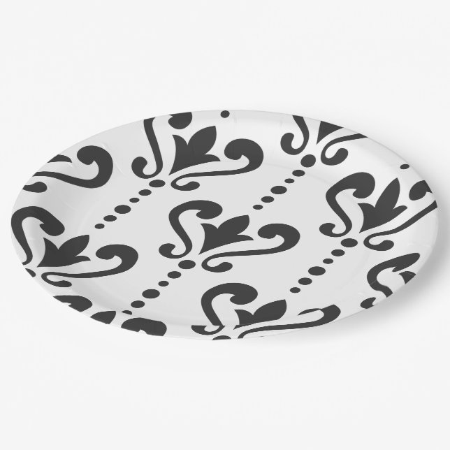 Elegant Black and White Damask Paper Plates (Angled)