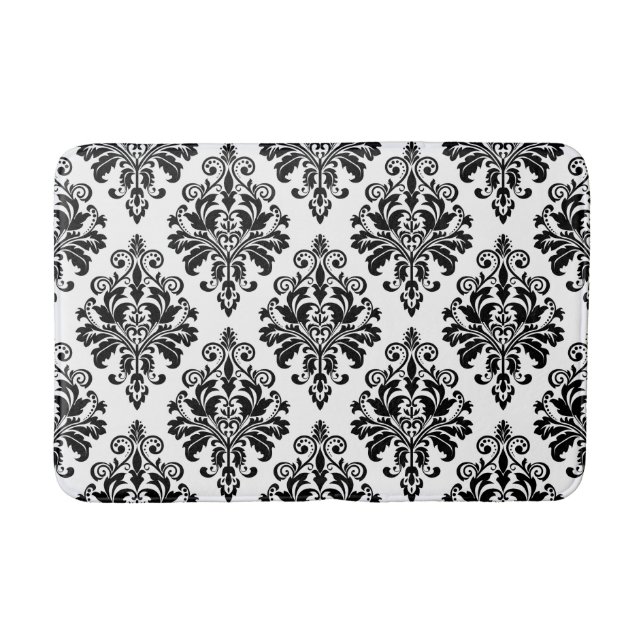 Elegant Black and White Damask Pattern Bathroom Mat (Front)