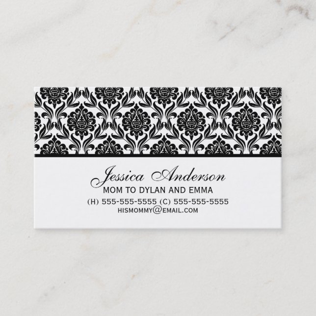 Elegant Black and White Damask Pattern Calling Card (Front)
