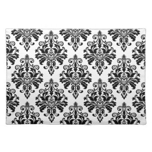 Elegant Black and White Damask Pattern Cloth Placemat