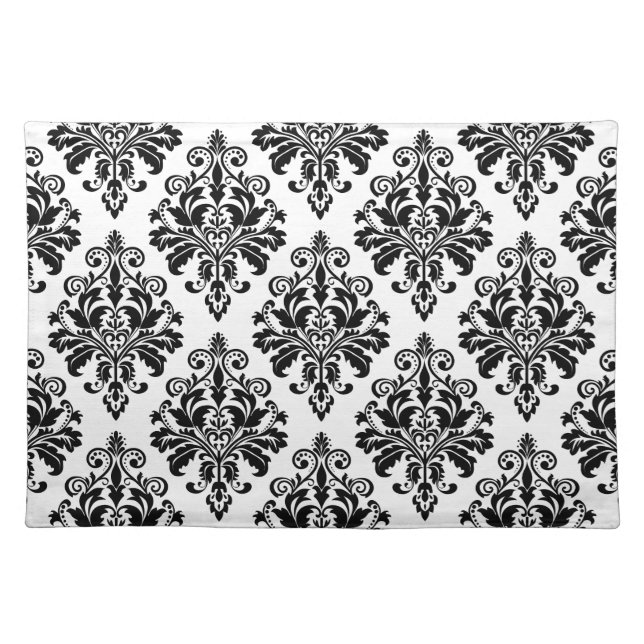 Elegant Black and White Damask Pattern Cloth Placemat (Front)