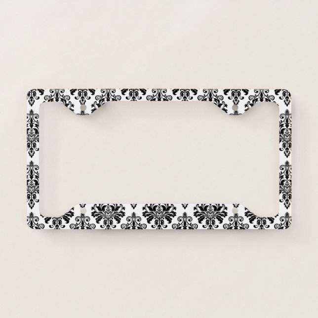 Elegant Black and White Damask Pattern License Plate Frame (Front)