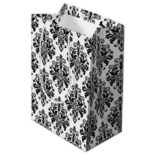 Elegant Black and White Damask Pattern Medium Gift Bag