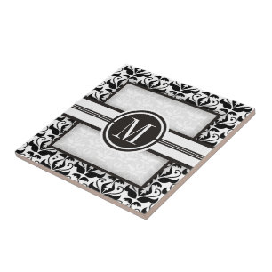 Elegant black and white damask pattern & monogram ceramic tile