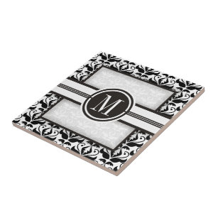 Elegant black and white damask pattern & monogram ceramic tile
