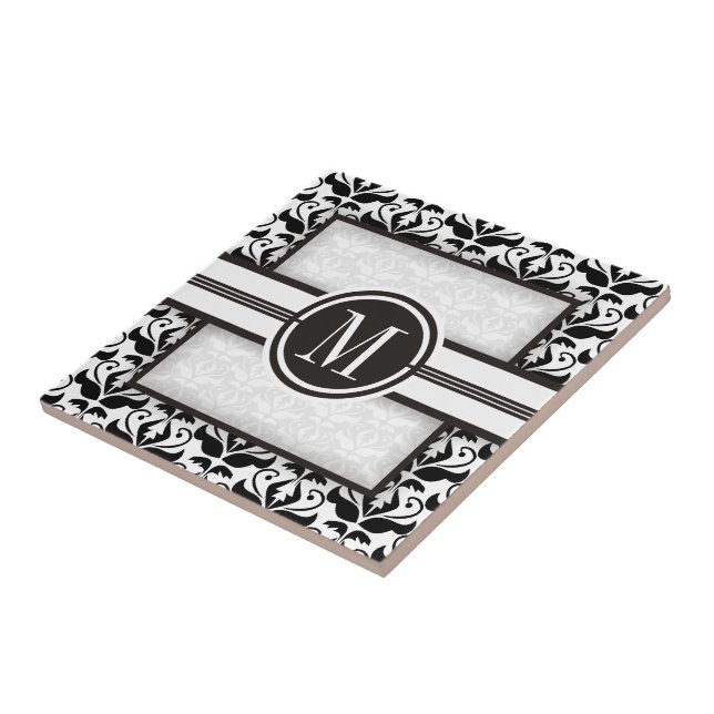 Elegant black and white damask pattern & monogram ceramic tile (Side)