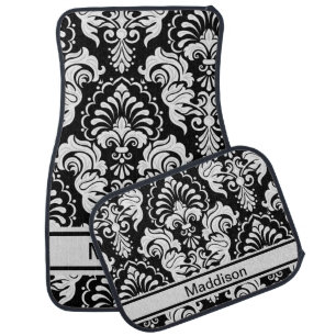 Elegant Black And White Damask Pattern Name Car Floor Mat