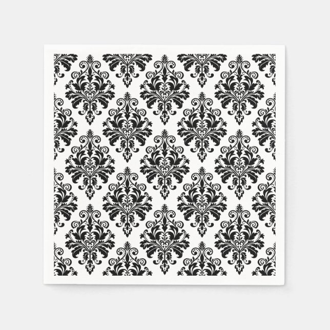 Elegant Black and White Damask Pattern Paper Napkins (Front)