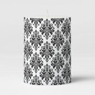 Elegant Black and White Damask Pattern Pillar Candle