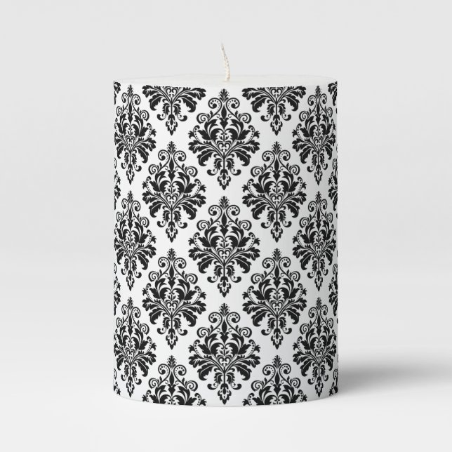 Elegant Black and White Damask Pattern Pillar Candle (Front)