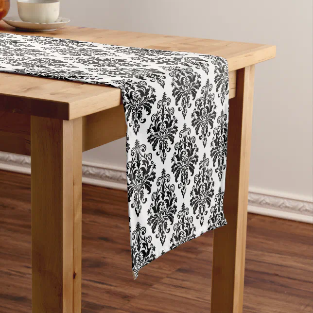 Elegant Black and White Damask Pattern Table Runner | Zazzle