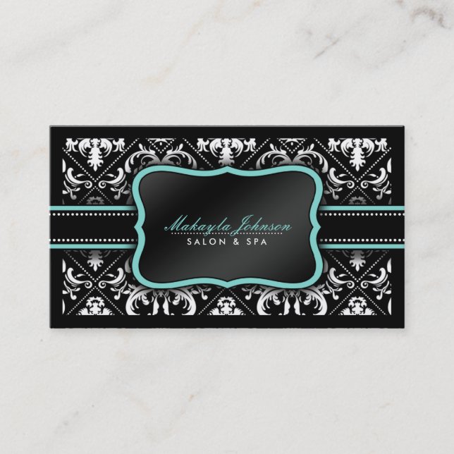 Elegant Black and White Damask Salon and Spa Business Card (Front)