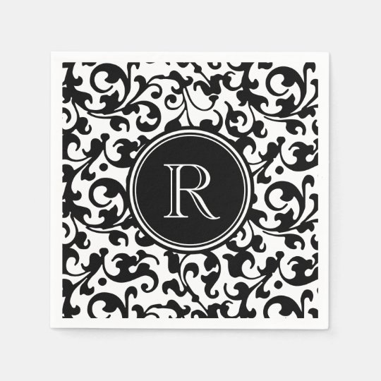 Elegant Black and White Damask Scroll Monogrammed Paper Napkin