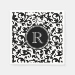 Elegant Black and White Damask Scroll Monogrammed Paper Napkins
