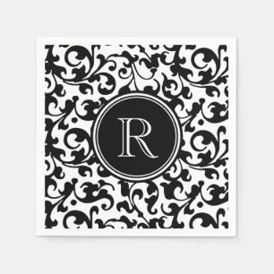 Elegant Black and White Damask Scroll Monogrammed Paper Napkins