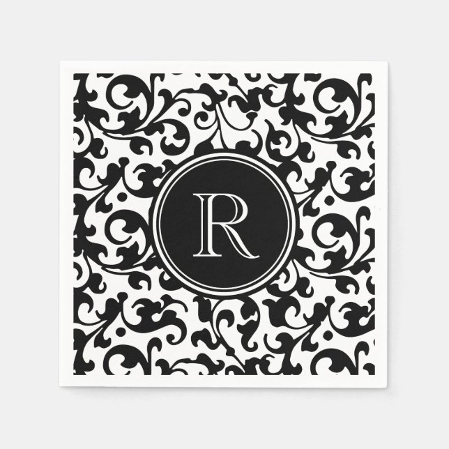 Elegant Black and White Damask Scroll Monogrammed Paper Napkins (Front)