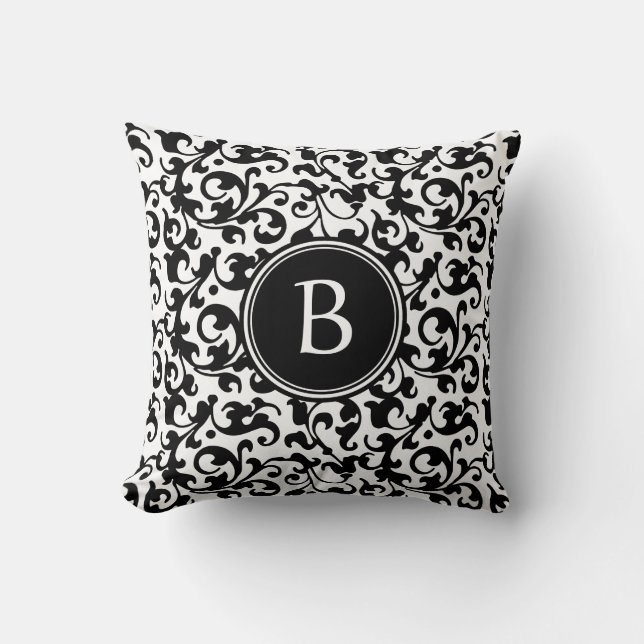 Elegant Black and White Damask Scroll Monogrammed Throw Pillow (Front)