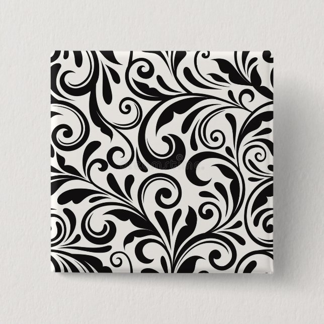 Elegant Black and White Damask Scrollwork Pattern Button (Front)