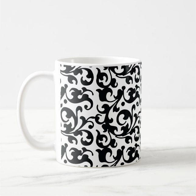 Elegant Black and White Damask Swirls Coffee Mug (Left)