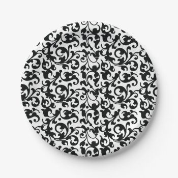 Elegant Black And White Damask Swirls Paper Plates by BridalSuite at Zazzle