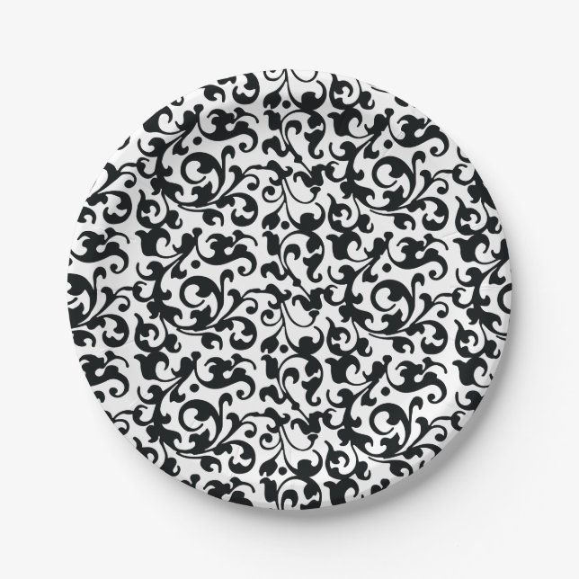 Elegant Black and White Damask Swirls Paper Plates (Front)