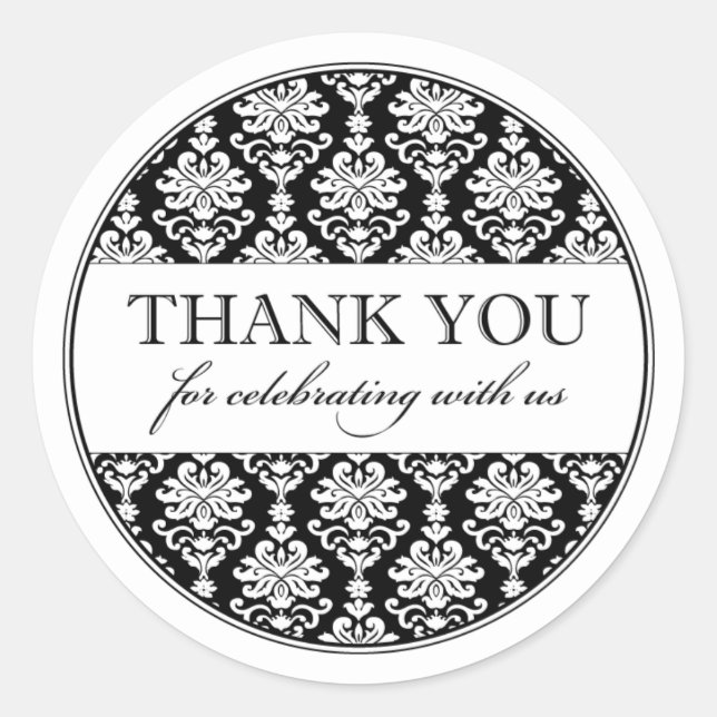 Elegant Black and White Damask Thank You Classic Round Sticker (Front)