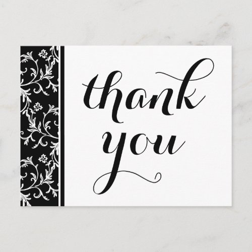 Elegant Black and White Damask Thank You Postcard