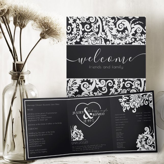  Elegant Black And White Damask Unplugged Wedding Tri-Fold Program (elegant black and white classic  floral damask unplugged trifold wedding program)