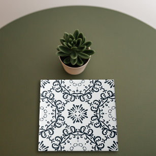 Elegant Black and White Damask Victorian Pattern Ceramic Tile