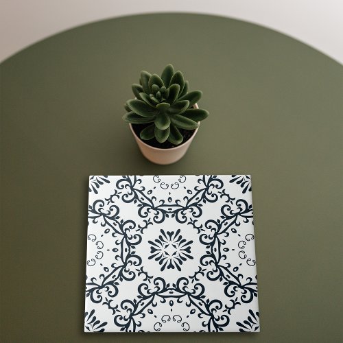 Elegant Black and White Damask Victorian Pattern Ceramic Tile