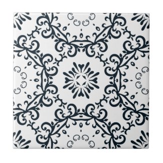 Elegant Black and White Damask Victorian Pattern Ceramic Tile
