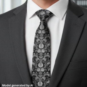 Elegant Black and White Damask - Vintage Baroque Neck Tie