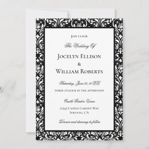 Elegant Black And White Damask Wedding Invitation