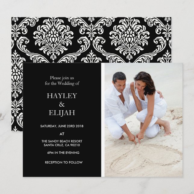 Elegant Black and White Damask Wedding Invitation (Front/Back)