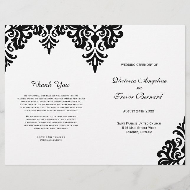 Elegant Black and White Damask Wedding Programs (Front)