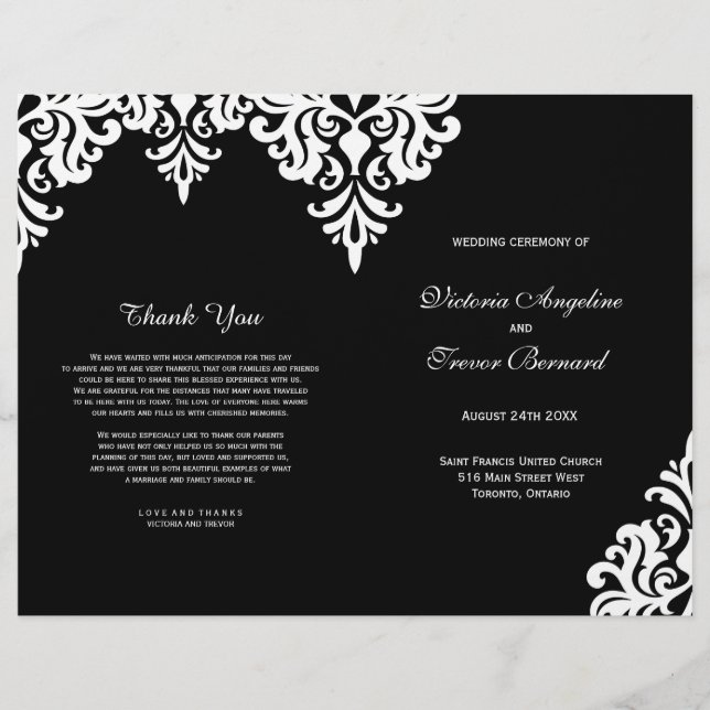 Elegant Black and White Damask Wedding Programs (Front)