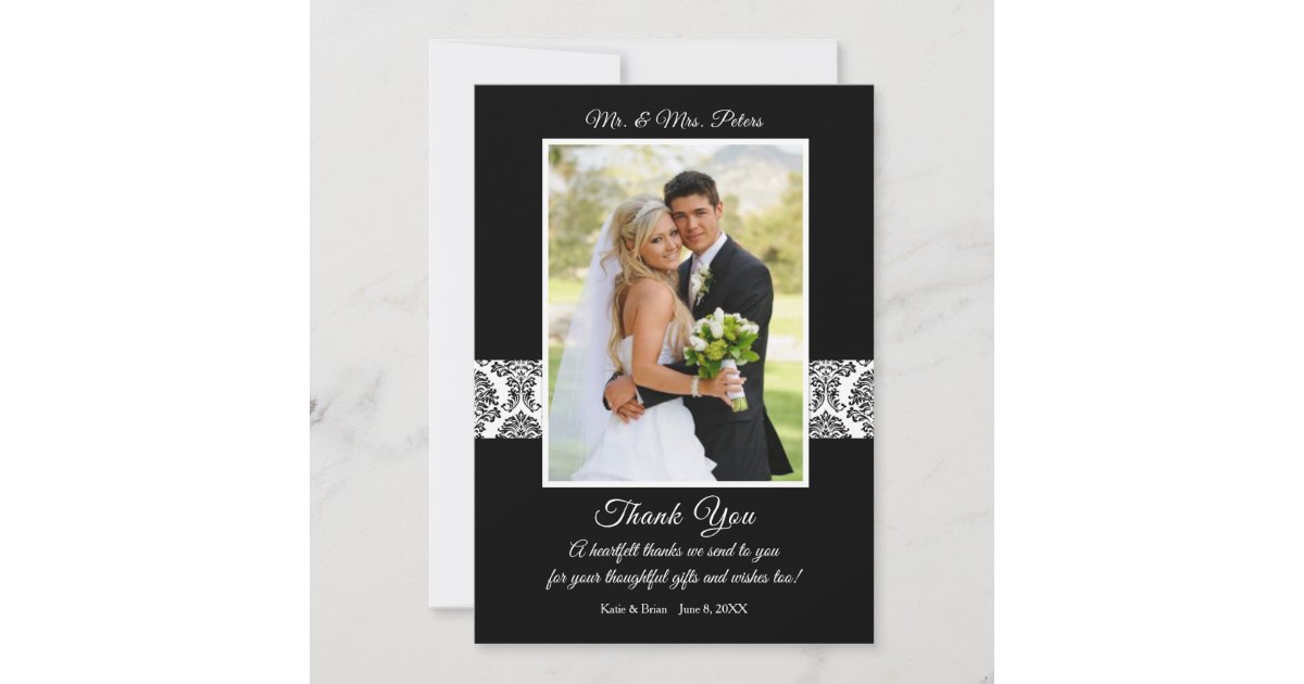 Elegant black and white damask Wedding Thank You Card | Zazzle