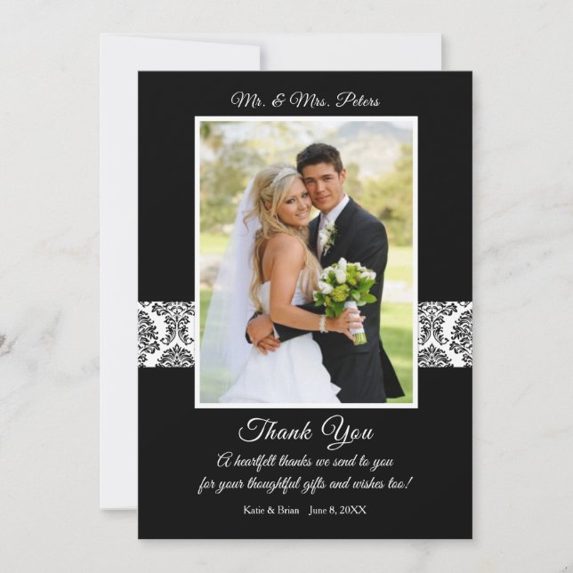 Elegant black and white damask Wedding Thank You Card (Front)