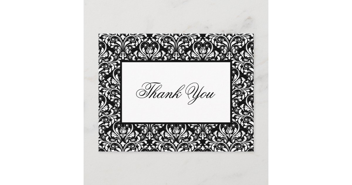 Elegant Black And White Damask Wedding Thank You Postcard | Zazzle