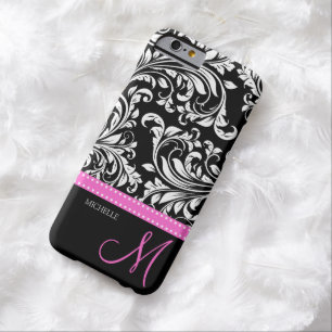 Elegant black and white Damask with Pink monogram Barely There iPhone 6 Case