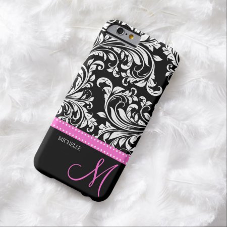Elegant Black And White Damask With Pink Monogram Barely There Iphone 