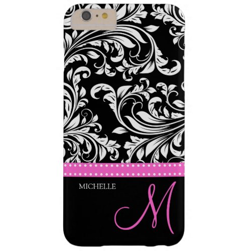 Elegant black and white Damask with Pink monogram Barely There iPhone 6 Plus Case
