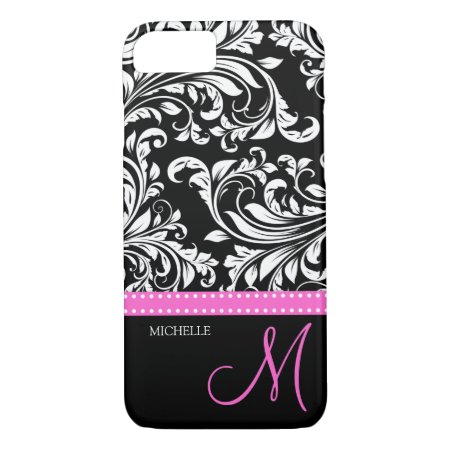 Elegant Black And White Damask With Pink Monogram Iphone 8/7 Case