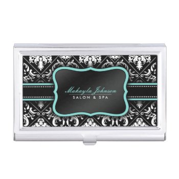 Elegant Black And White Damask With Teal Blue Business Card Holder by eatlovepray at Zazzle