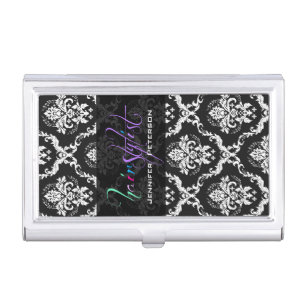 Elegant Black And White Damasks Hair Stylist Card Business Card Holder