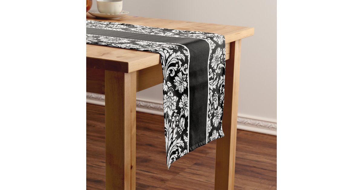 Elegant Black and White Damasks & Stripes Short Table Runner Zazzle