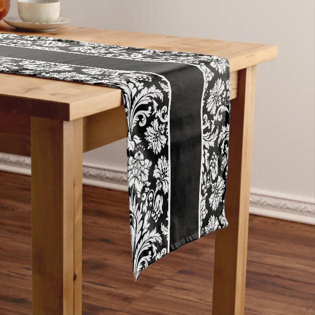 Elegant Black and White Damasks & Stripes Short Table Runner | Zazzle