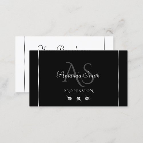 Elegant Black and White Diamonds Gray Initials Business Card